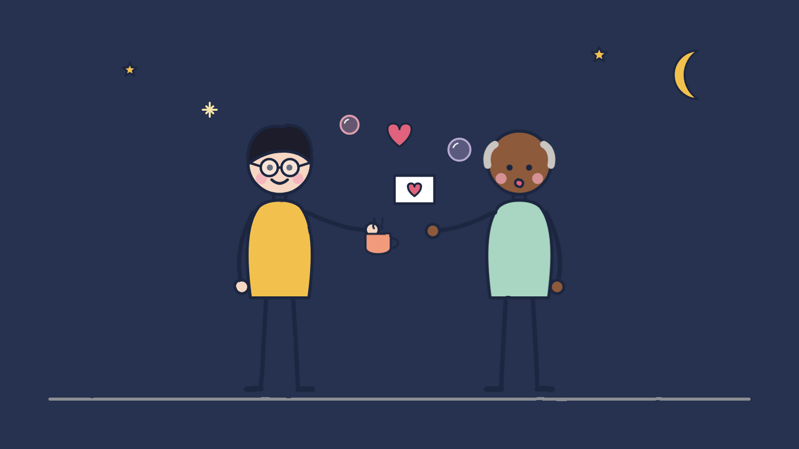 Doodle of a man in glasses handing a coffee and a thank-you note to an older night-shift worker under the moon