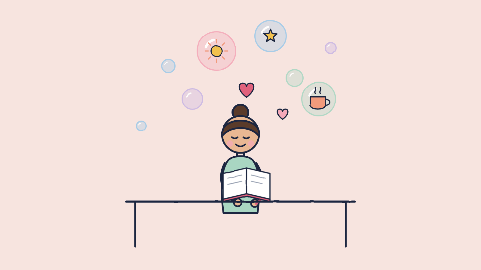 Doodle of a smiling woman writing in a journal at a table while bubbles holding a sun, a star, a cup of tea and hearts float up from the page