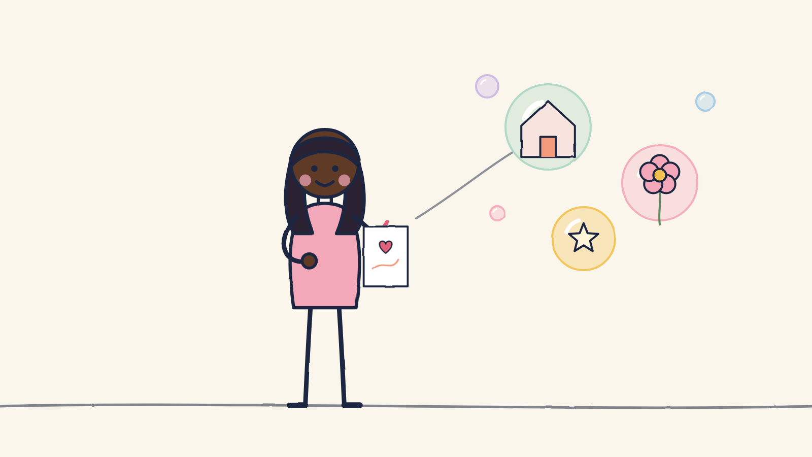 Doodle of a woman drawing on a tablet as a house, a flower and a star float out of the screen in bubbles