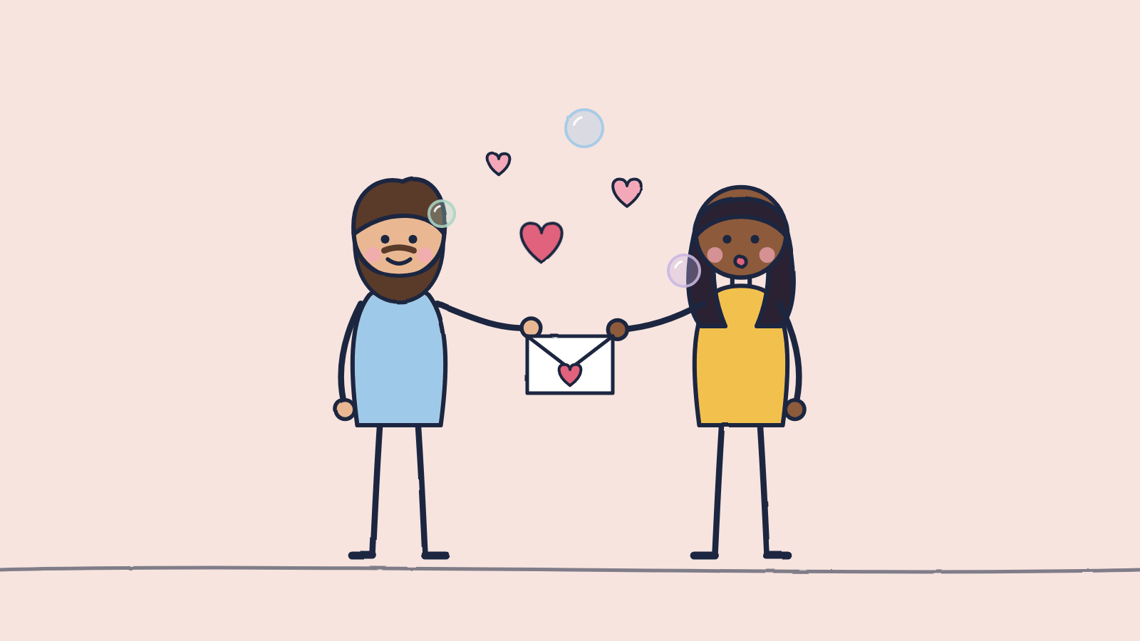 Doodle of a bearded man handing a woman a letter with a heart on it as hearts and bubbles float above