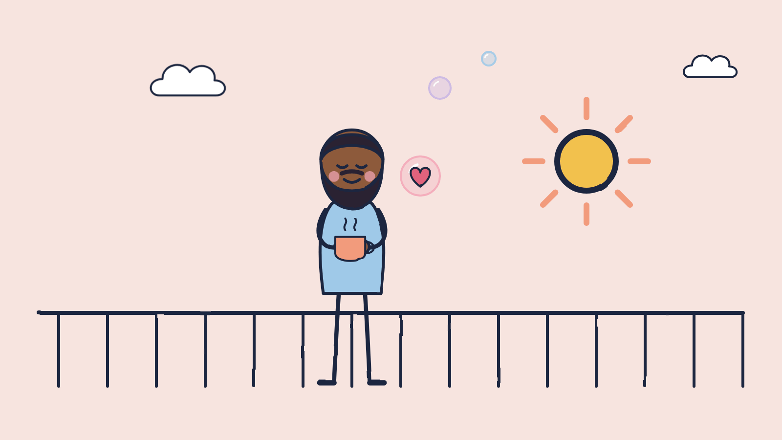 Doodle of a bearded man on his balcony at sunrise, eyes closed, holding a warm cup of coffee