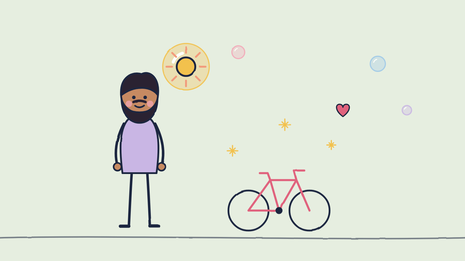 Doodle of a man next to his shiny bike with sparkles and a sun bubble around it